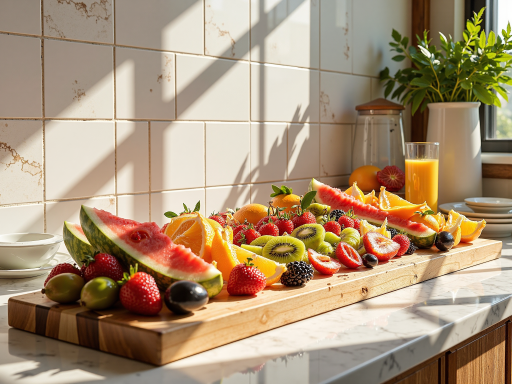 新鲜有机水果摆放在木制托盘上,包括苹果、梨子、葡萄等,果实饱满色泽鲜艳