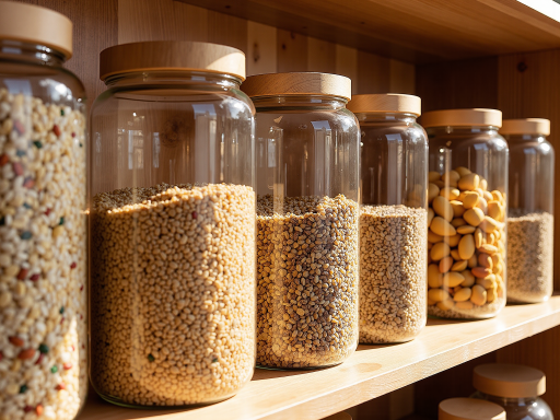 有机谷物装在透明玻璃瓶中,包括大米、小米、燕麦等,颗粒饱满,展示天然有机谷物