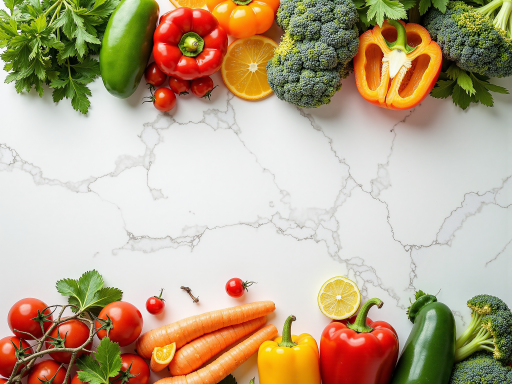 新鲜有机蔬菜装在竹篮中,绿色叶子,红色番茄,黄色胡萝卜,展示丰富的有机蔬菜品种